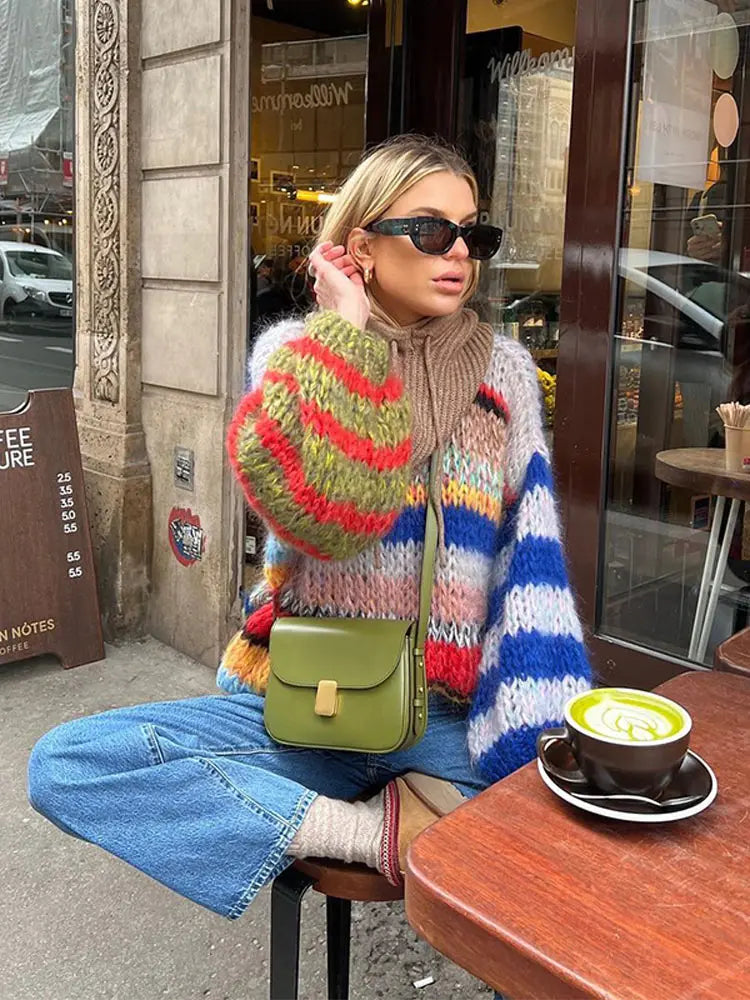 Zivara | Pull en grosse maille rayée colorée pour femme – Pull doux pour un look décontracté au quotidien