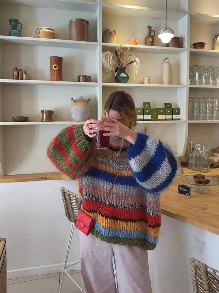 Zivara | Pull en grosse maille rayée colorée pour femme – Pull doux pour un look décontracté au quotidien