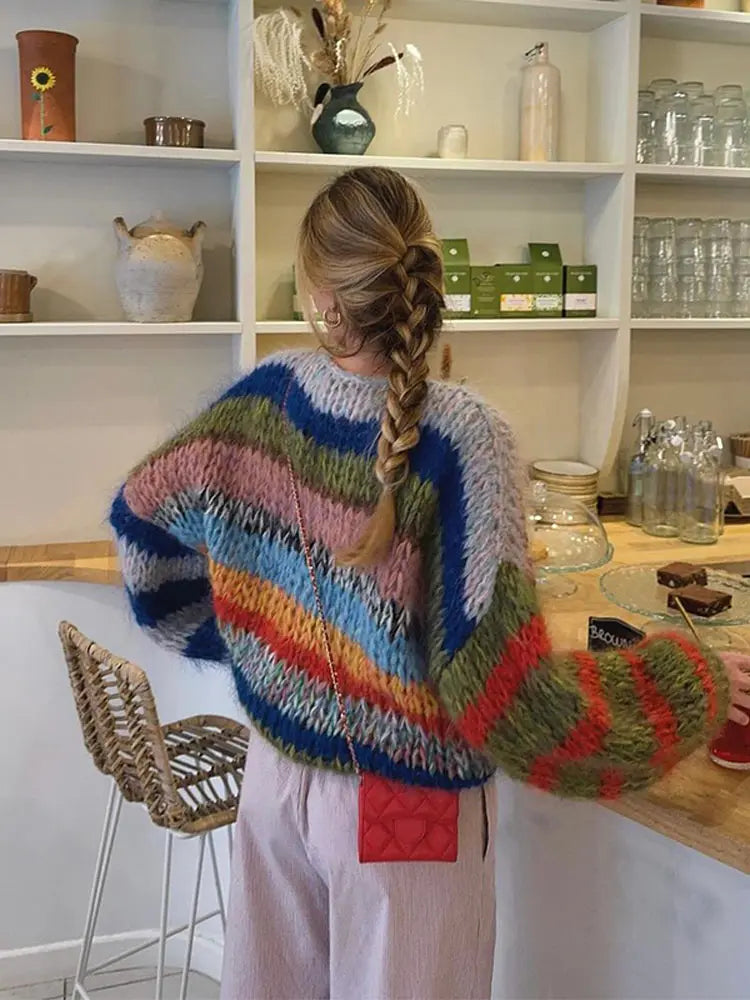 Zivara | Pull en grosse maille rayée colorée pour femme – Pull doux pour un look décontracté au quotidien