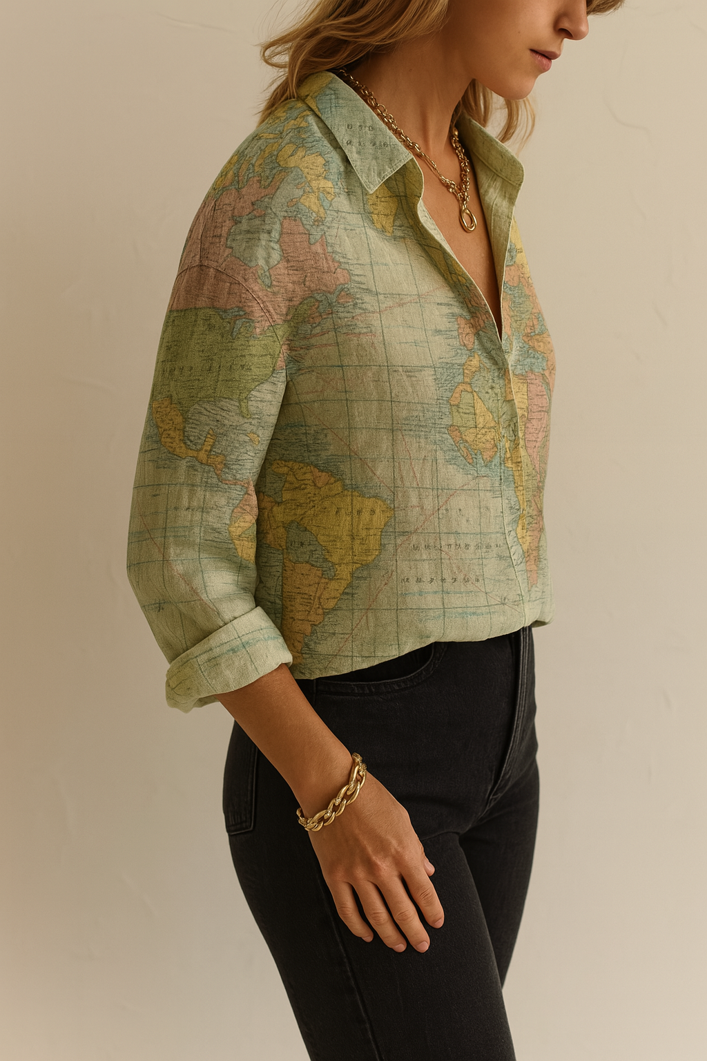 Valynne | Top femme imprimé globe terrestre – Un top élégant et tendance au design carte du monde.