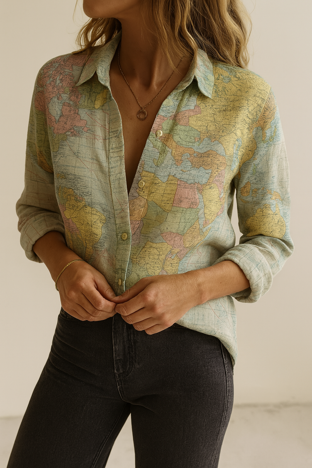 Valynne | Top femme imprimé globe terrestre – Un top élégant et tendance au design carte du monde.