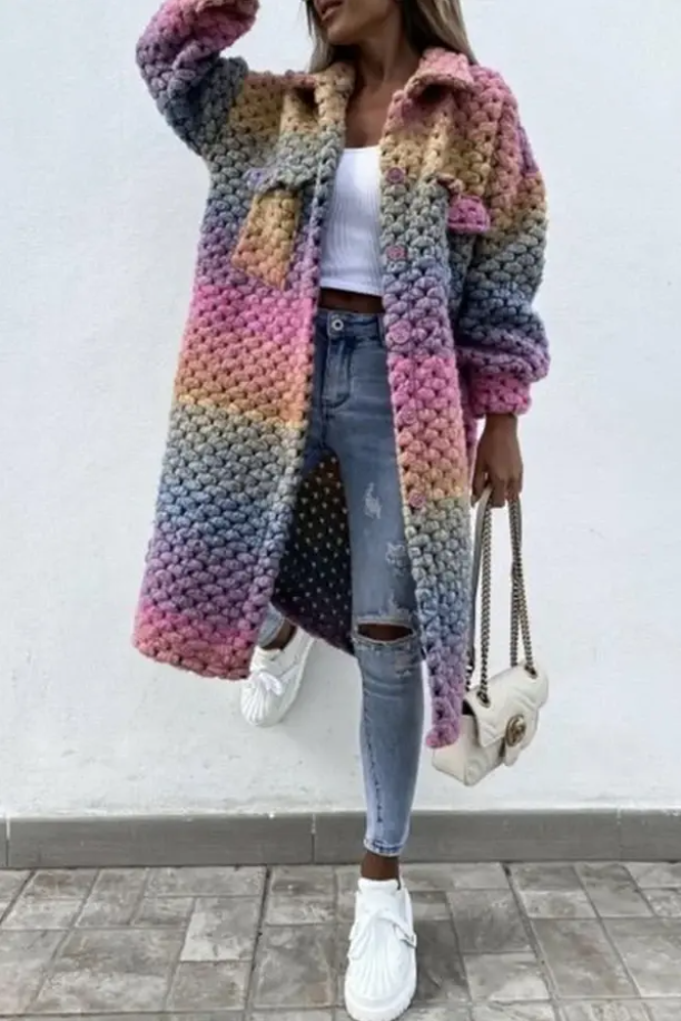 Naevia | Manteau long tressé au crochet - Gilet oversize arc-en-ciel pour femme, style bohème