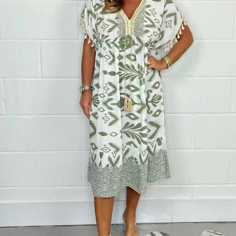 Zymara | V-hals jurk met print – casual zomerse jurk met franjes aan de mouwen voor dames