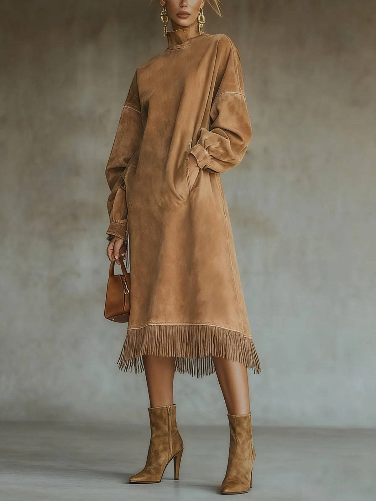 Galiara | Suède coltrui midi-jurk met lange mouwen – Faux suède franjezoom, hoge hals