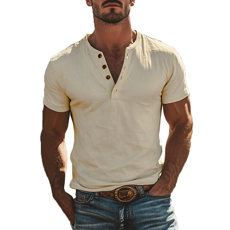 Zevranor | Heren Vintage Suède Henley T-shirt met korte mouwen – Klassieke casual top