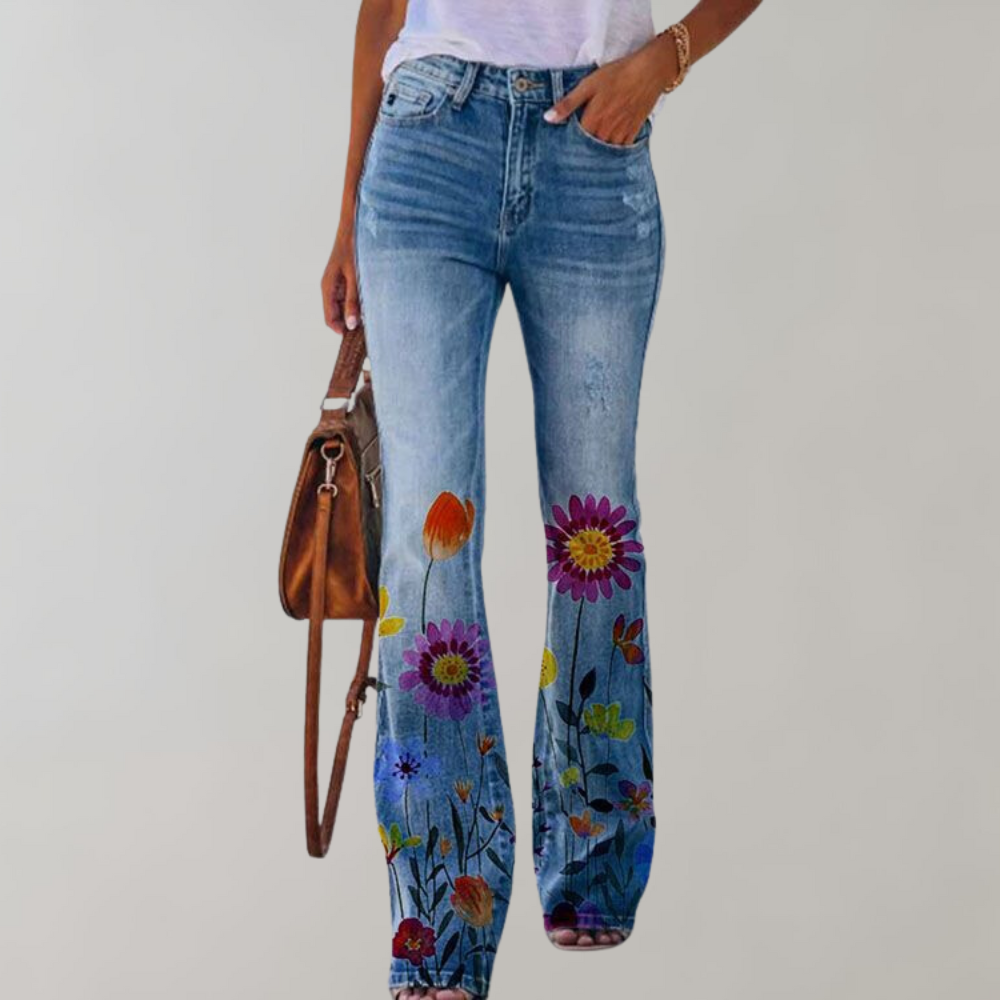 Annukka | Dames Flare Jeans met Bloemenprint - Trendy Comfort met hoge taille