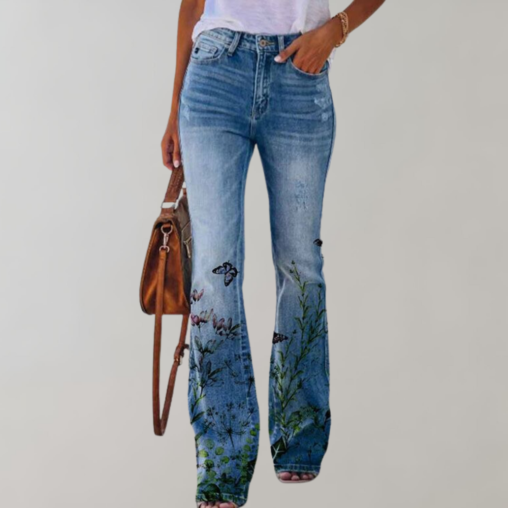 Annukka | Dames Flare Jeans met Bloemenprint - Trendy Comfort met hoge taille
