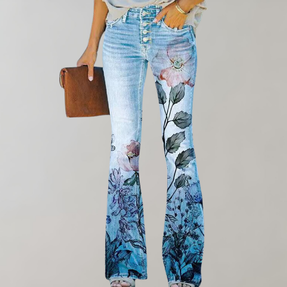 Annukka | Dames Flare Jeans met Bloemenprint - Trendy Comfort met hoge taille