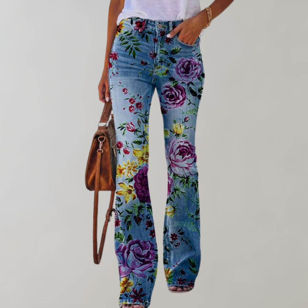 Annukka | Dames Flare Jeans met Bloemenprint - Trendy Comfort met hoge taille