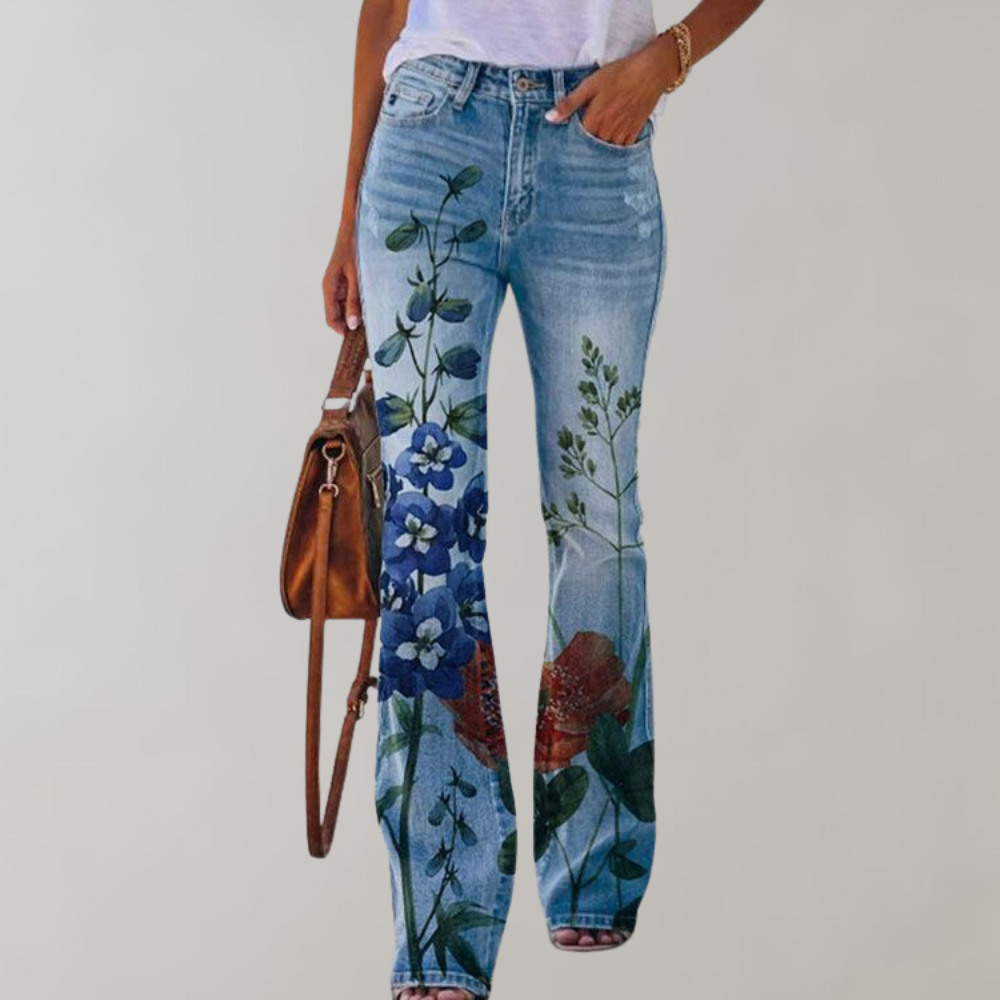 Annukka | Dames Flare Jeans met Bloemenprint - Trendy Comfort met hoge taille