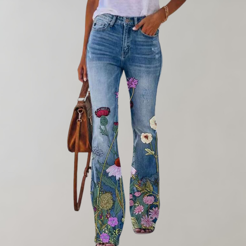 Annukka | Dames Flare Jeans met Bloemenprint - Trendy Comfort met hoge taille