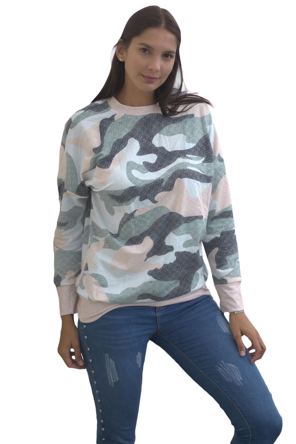 Norvellaia | Dames Sweatshirt met Digitale Camouflageprint in Kaki Groen – Casual Pullover