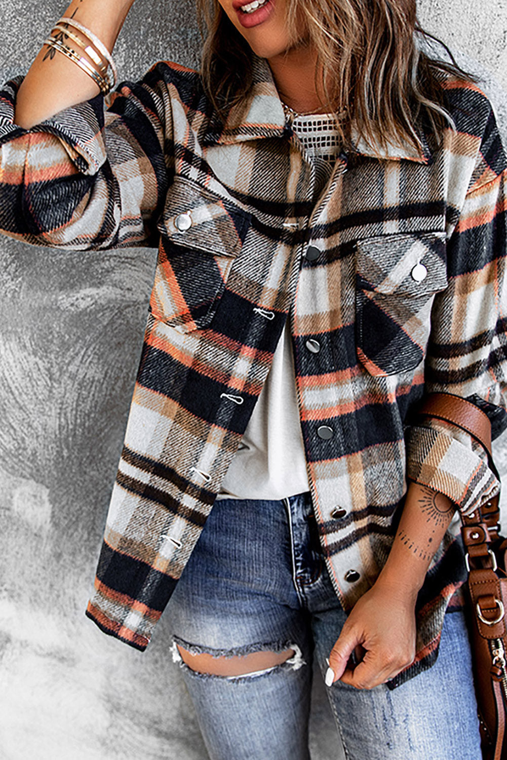 Haloria | Dames Geometrische Geruite Shacket – Shirtjack met Lange Mouwen en Knopen