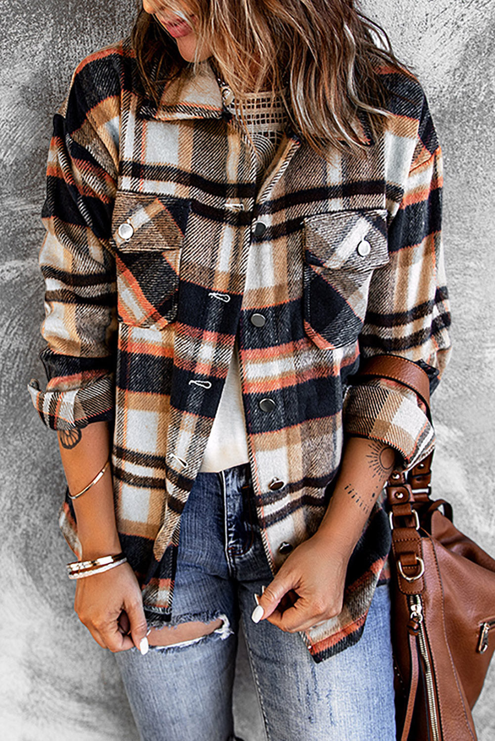 Haloria | Dames Geometrische Geruite Shacket – Shirtjack met Lange Mouwen en Knopen