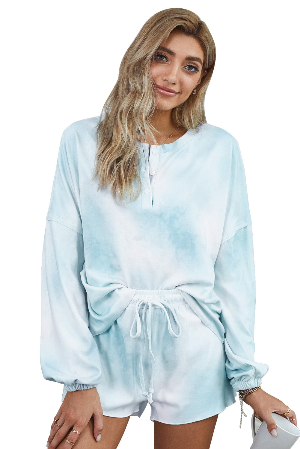 Mavrinae | Skyblauwe Tie-Dye Gebreide Pyjamaset – Lange Mouwen Top en Korte Broek