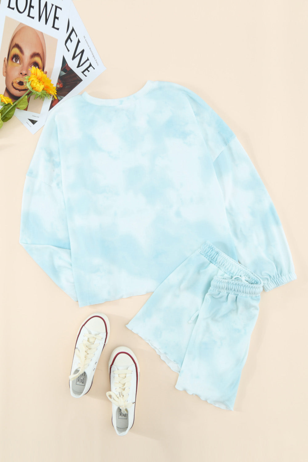 Mavrinae | Skyblauwe Tie-Dye Gebreide Pyjamaset – Lange Mouwen Top en Korte Broek