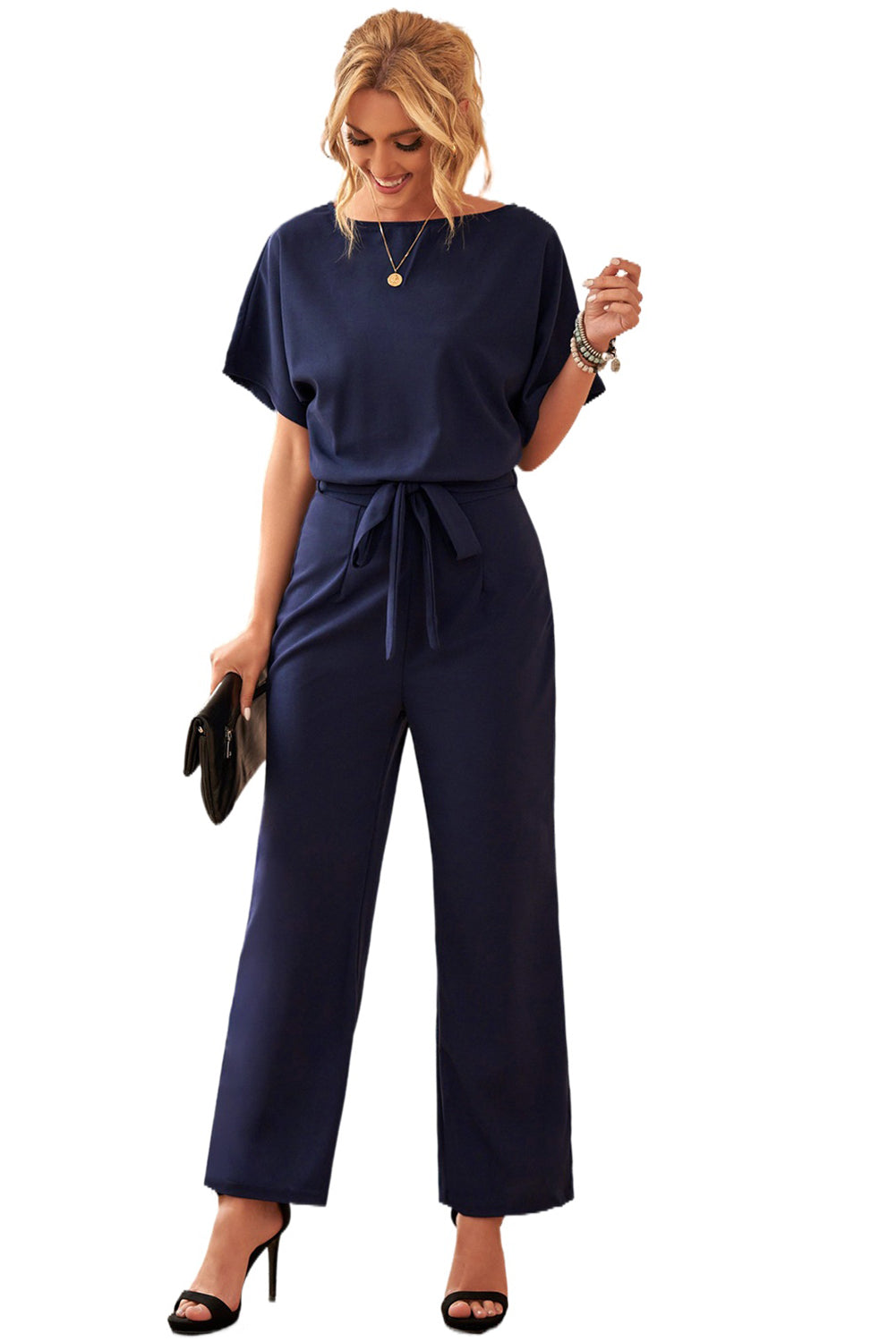 Arixella | Dames Jumpsuit met Riem en Wijde Pijpen – Elegante Eendelige Outfit met Korte Mouwen