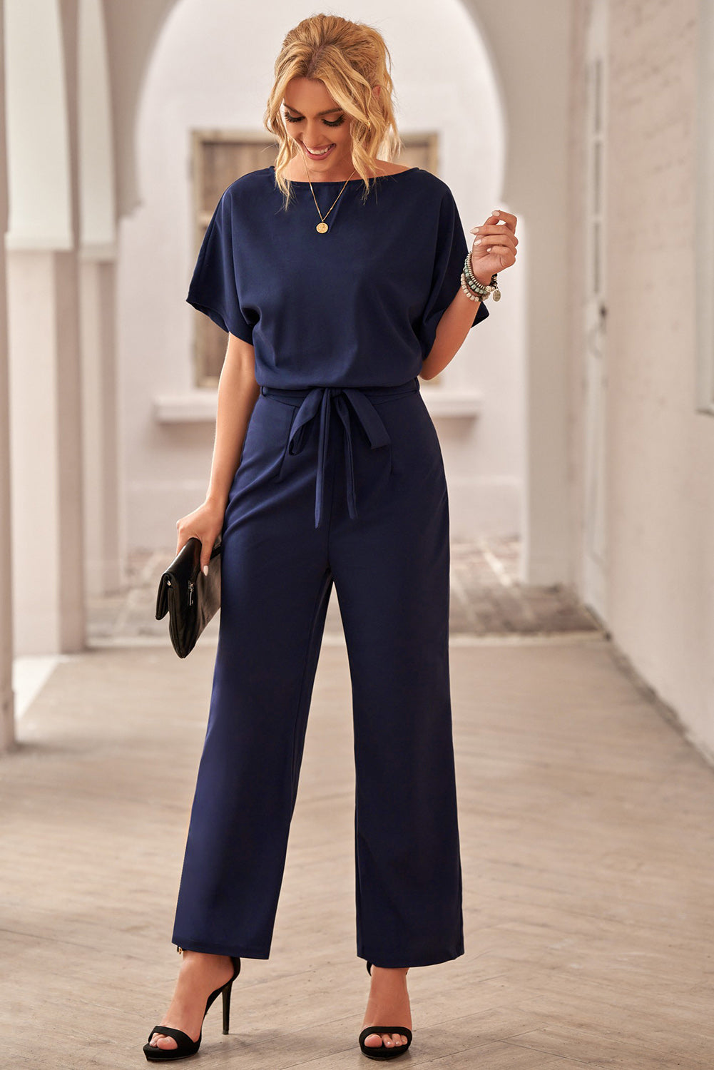 Arixella | Dames Jumpsuit met Riem en Wijde Pijpen – Elegante Eendelige Outfit met Korte Mouwen