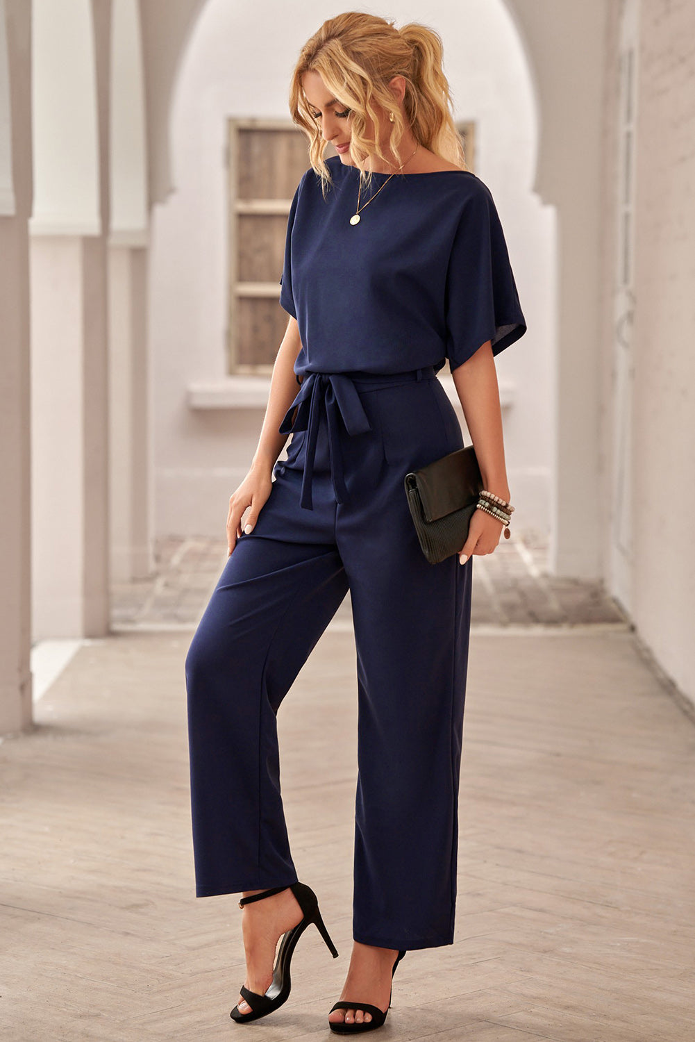 Arixella | Dames Jumpsuit met Riem en Wijde Pijpen – Elegante Eendelige Outfit met Korte Mouwen