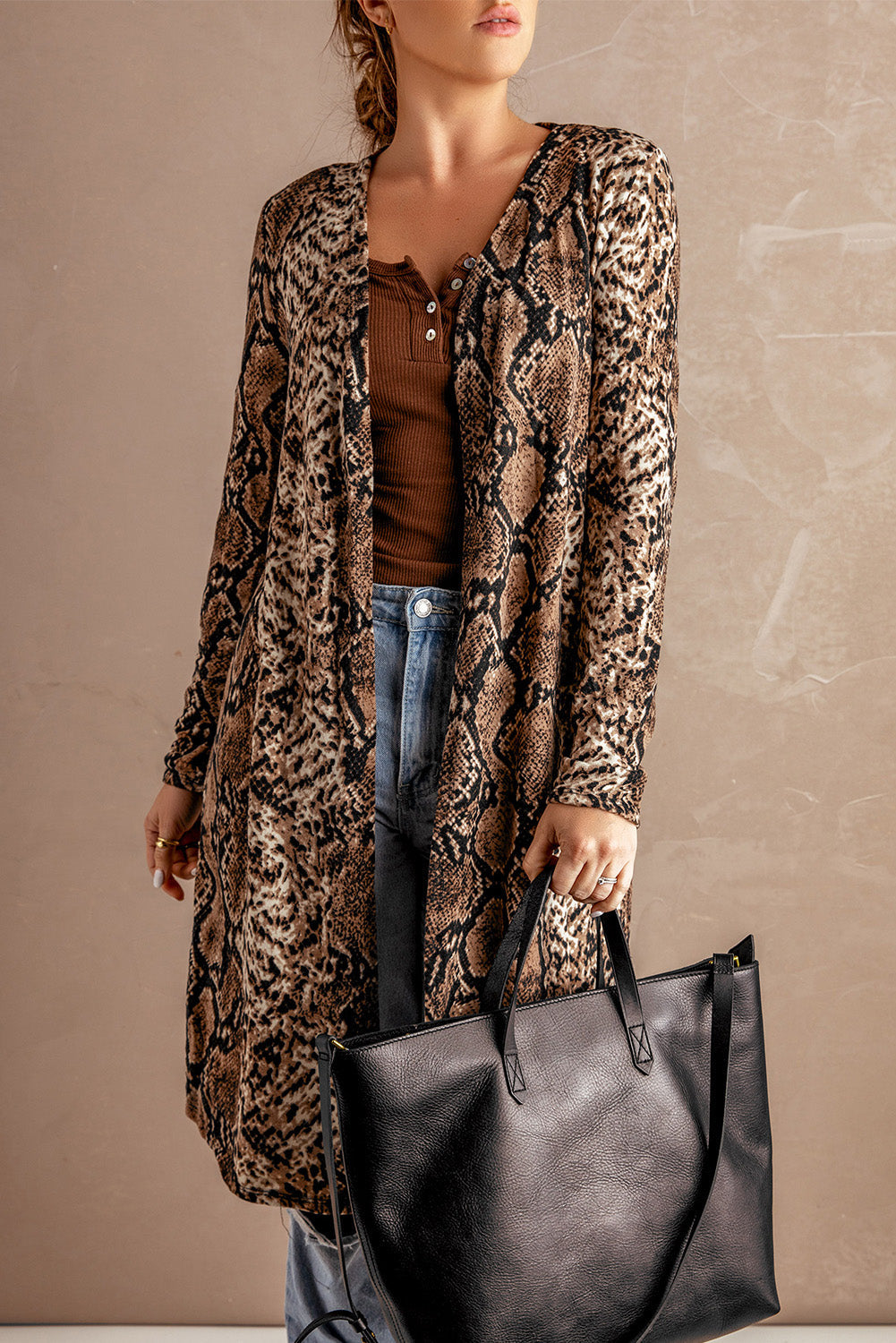 Avena | Dames Lang Vest met Slangenprint – Open Voorkant, Casual Modieuze Laagjes Jas