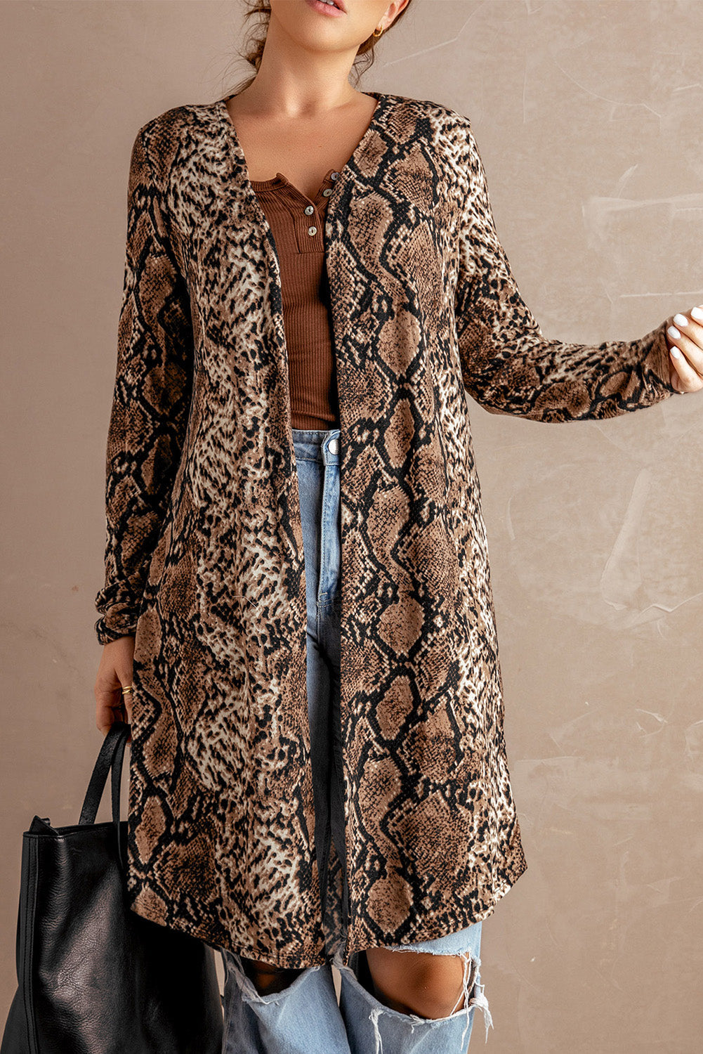 Avena | Dames Lang Vest met Slangenprint – Open Voorkant, Casual Modieuze Laagjes Jas