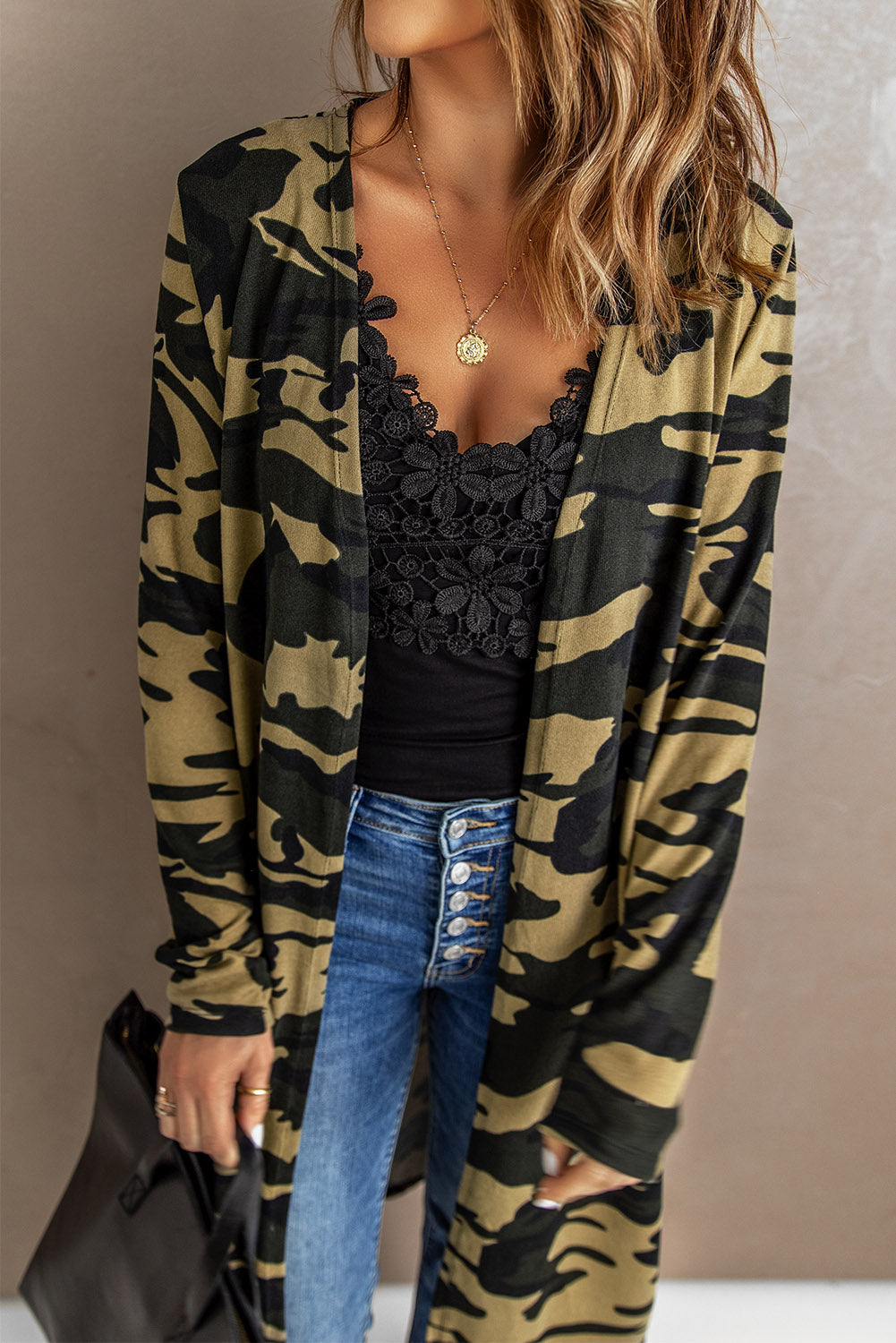 Faronelle | Dames Groene Camouflage Lange Cardigan – Lichtgewicht Open Vest