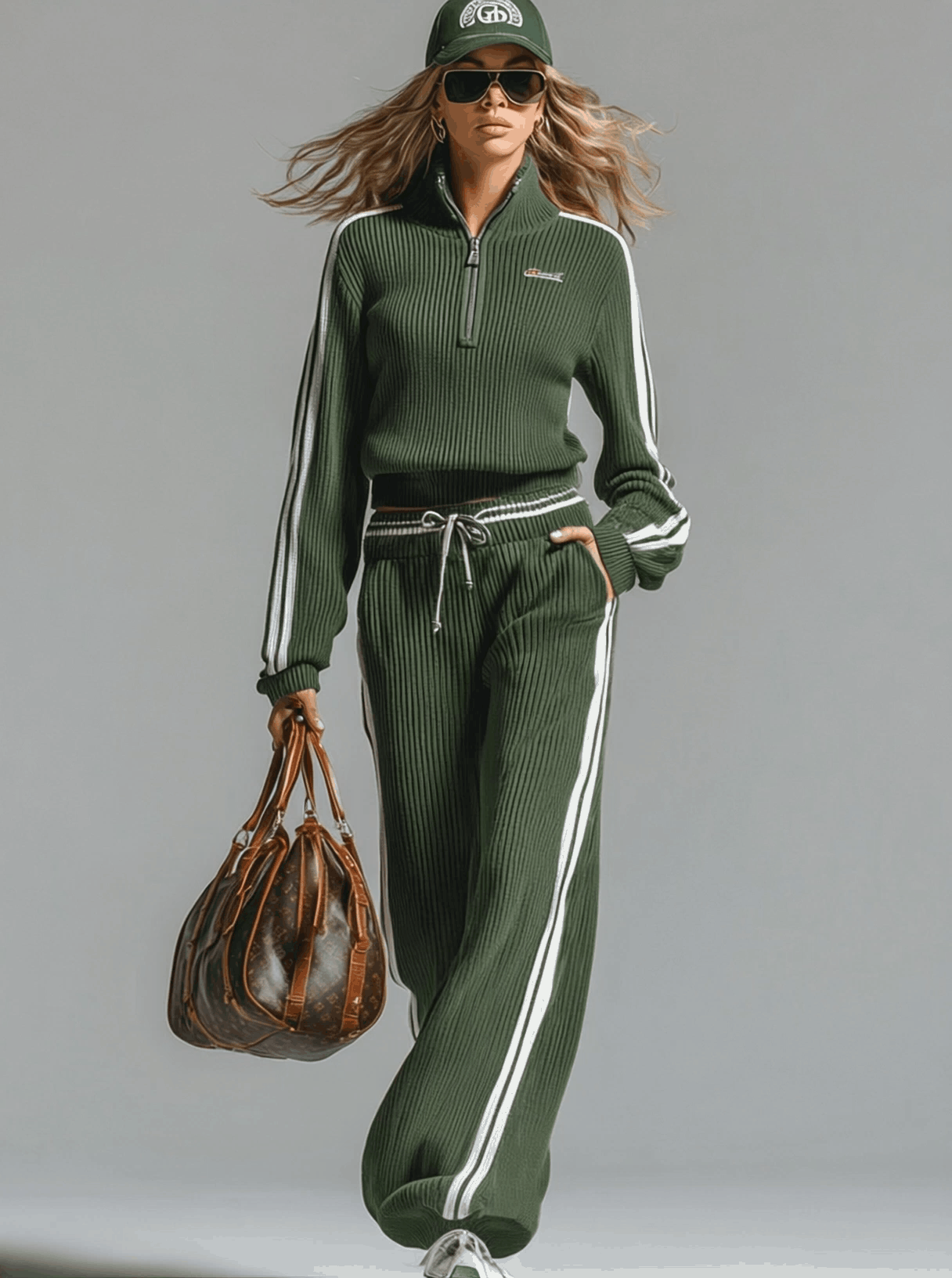 Arivara | Retro groen gebreid trainingspak – Sweater met halve rits en casual broek