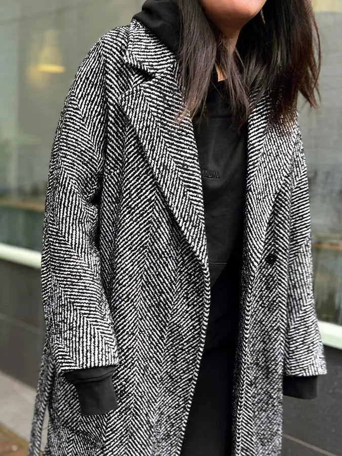 Kaelithia | Manteau femme à chevrons, long manteau élégant, manteau d'hiver classique, style intemporel