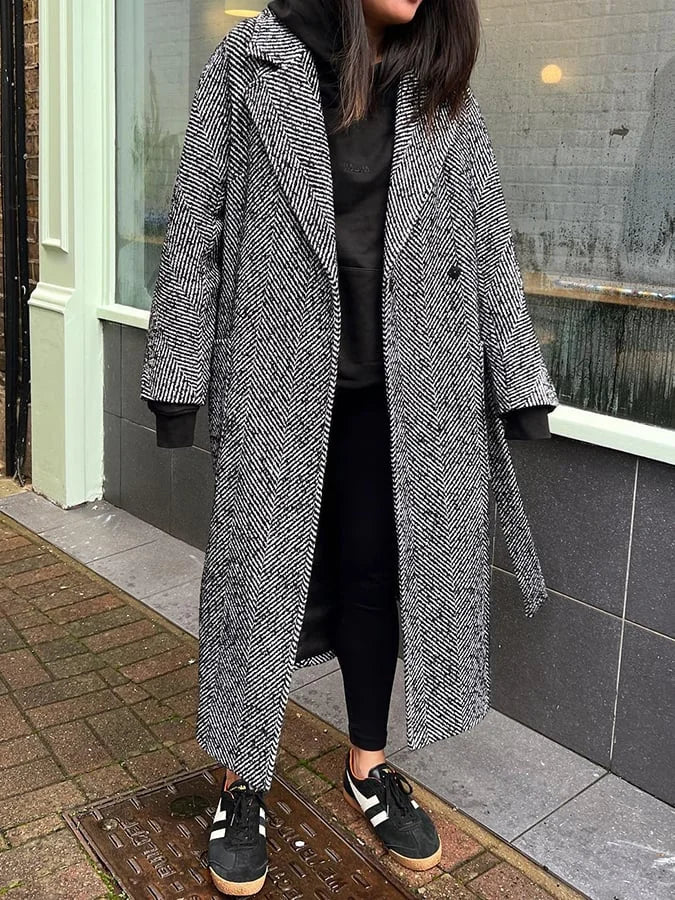 Kaelithia | Manteau femme à chevrons, long manteau élégant, manteau d'hiver classique, style intemporel