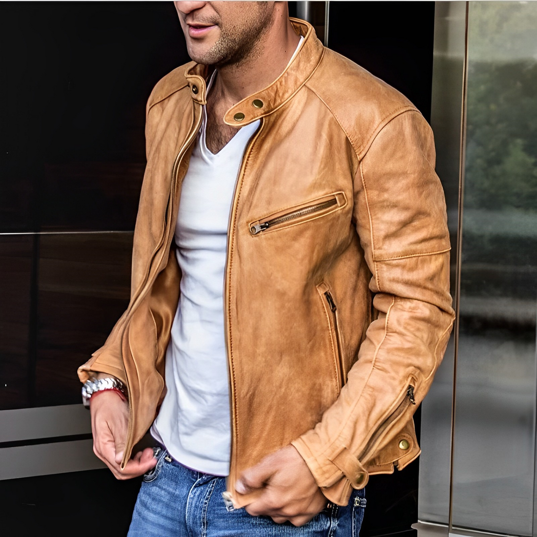 Zygmunt | Herren-Lederjacke – Stehkragen, funktionale Reißverschlüsse, lässige, schmal geschnittene Motorradjacke