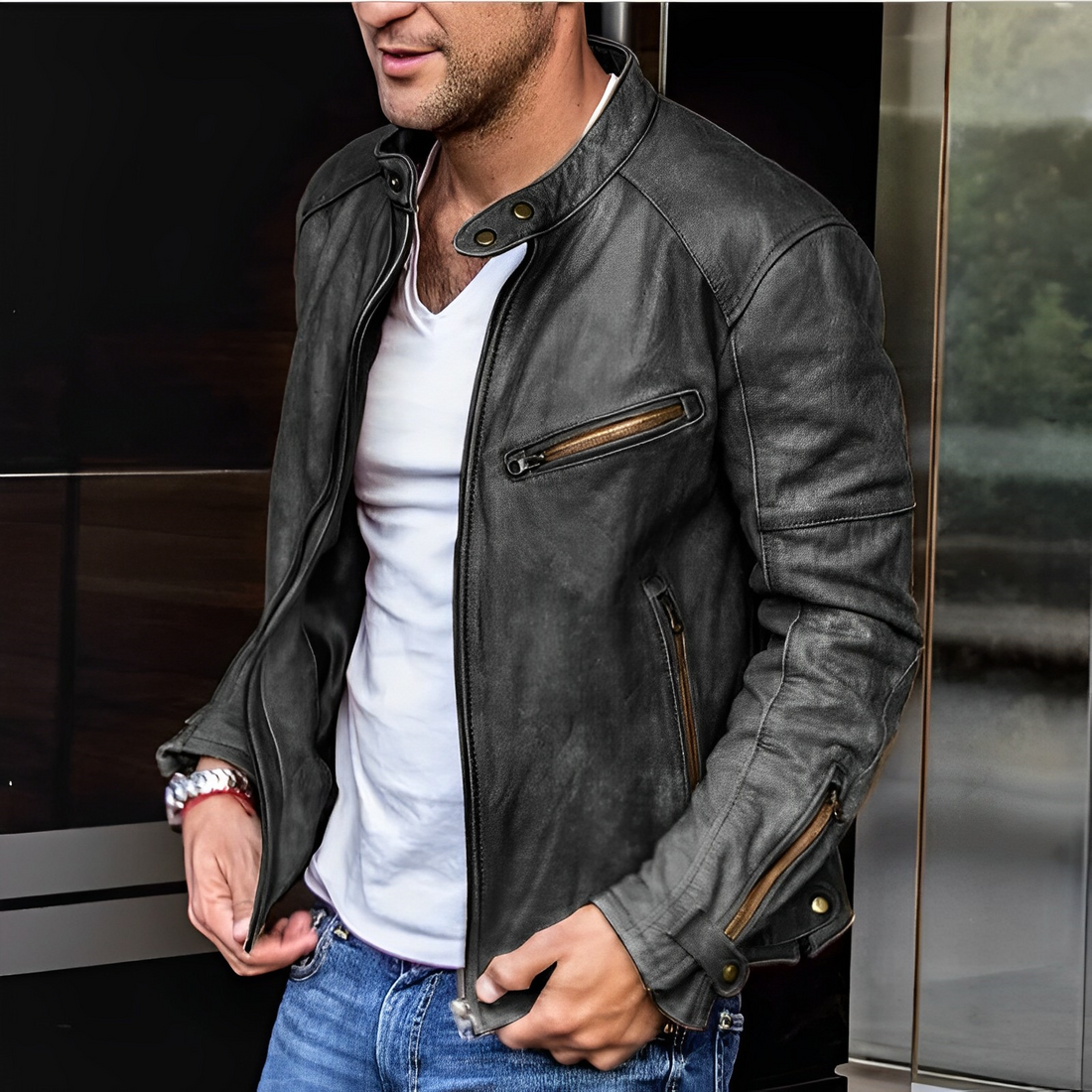 Zygmunt | Veste en cuir pour homme – col montant, fermetures éclair fonctionnelles, coupe slim décontractée style motard