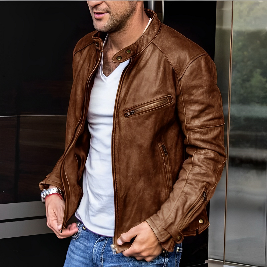 Zygmunt | Herren-Lederjacke – Stehkragen, funktionale Reißverschlüsse, lässige, schmal geschnittene Motorradjacke
