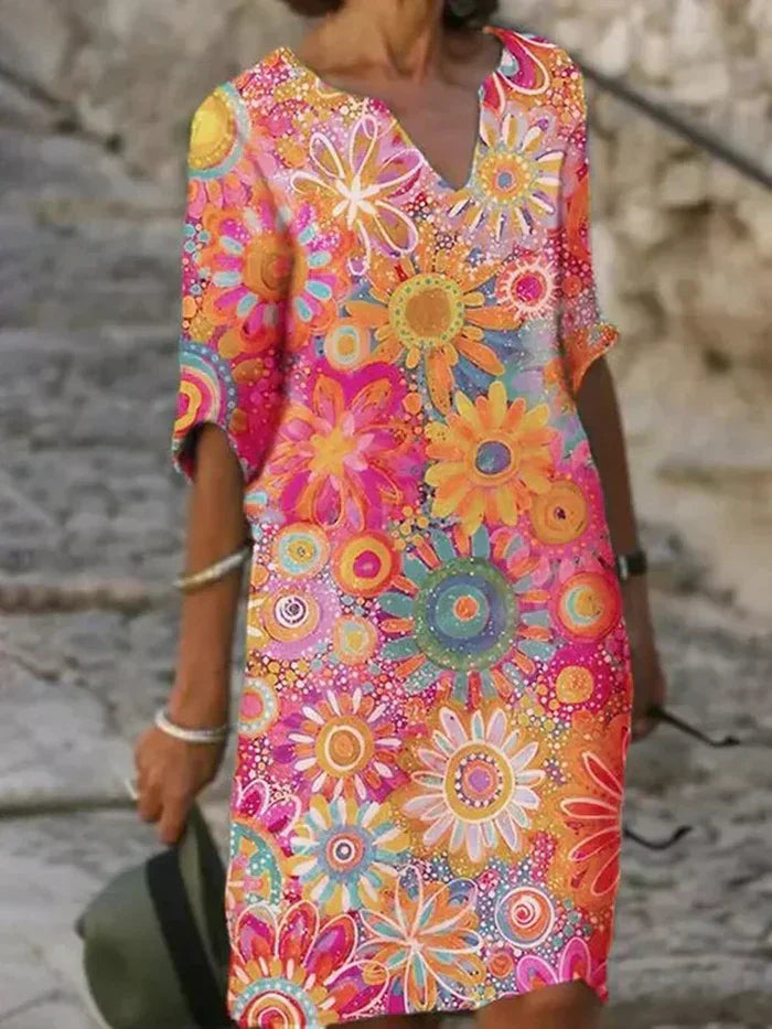 Azlyria | Dames midi-jurk met bloemenprint – luchtige lichtgewicht zomerjurk, halflange mouwen
