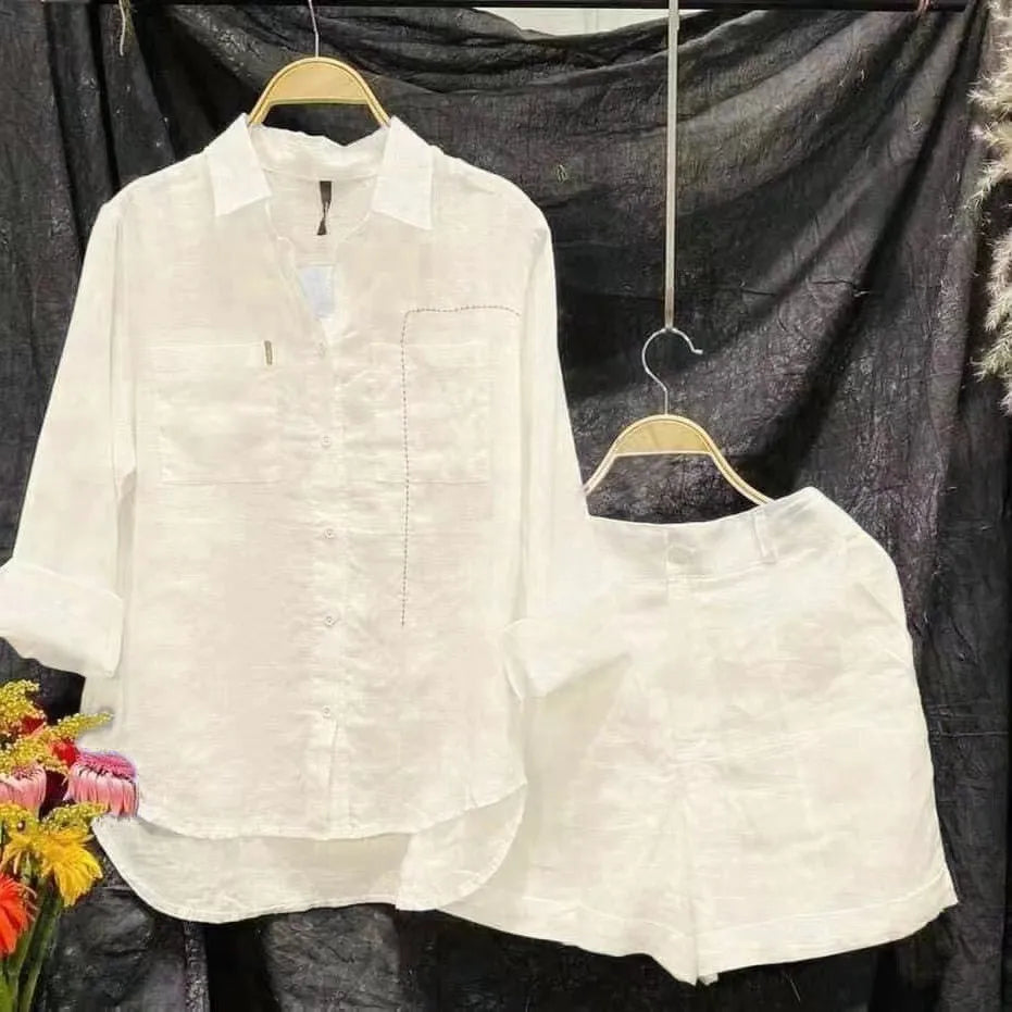 Brisae | Casual witte tweedelige set voor dames – Luchtige zomeroutfit
