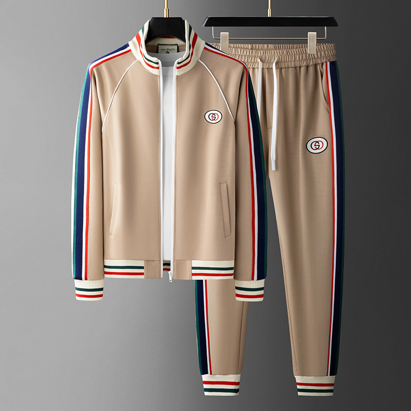Benedetto | Premium-Trainingsanzug für Herren – Figurbetont, Freizeit- und Loungewear, Marineblau/Beige