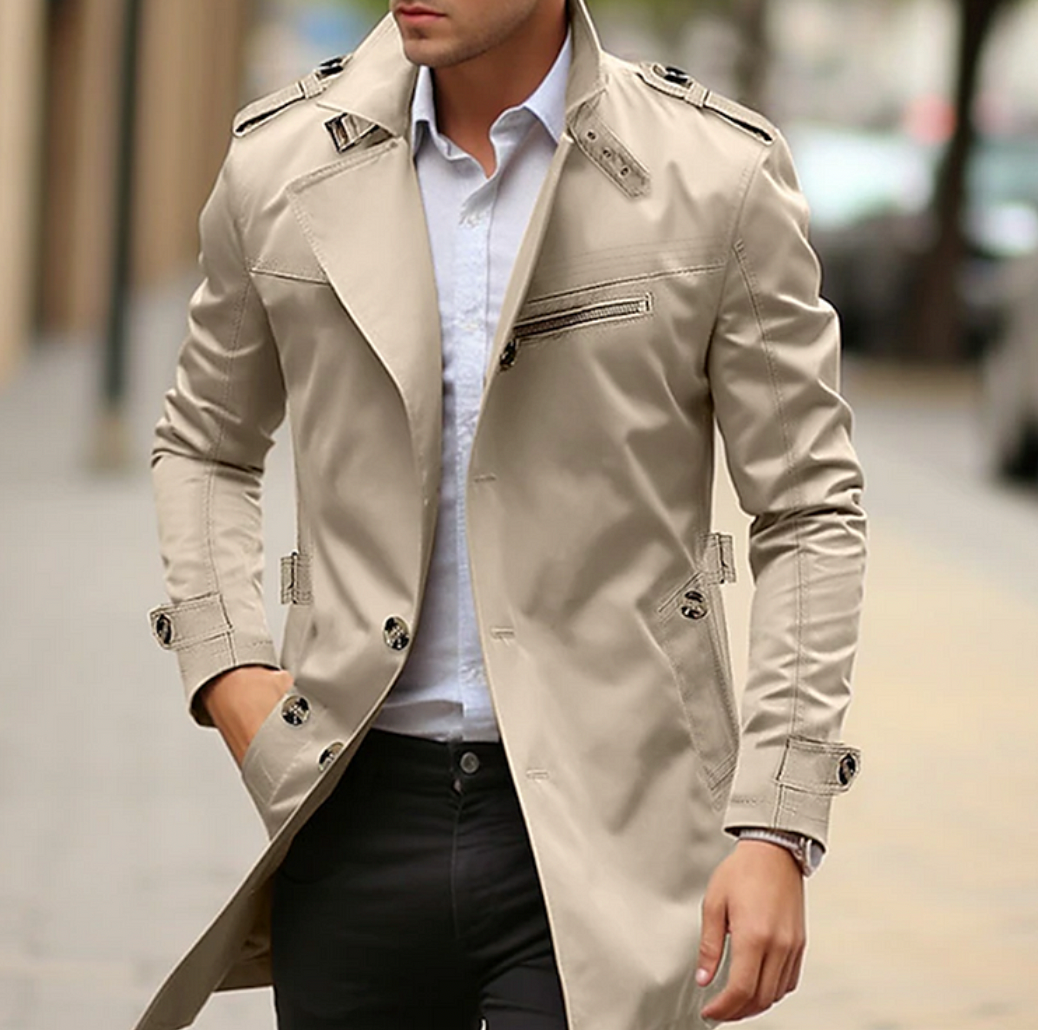 Emrik | Klassischer Herren-Trenchcoat – Reverskragen, schmal geschnittener langer Mantel, leichte, formelle Oberbekleidung