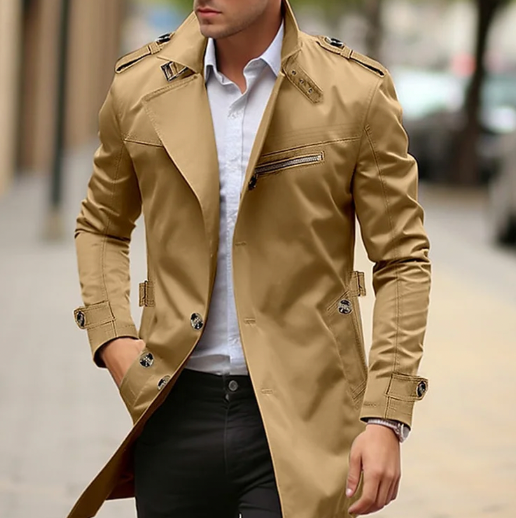 Emrik | Klassischer Herren-Trenchcoat – Reverskragen, schmal geschnittener langer Mantel, leichte, formelle Oberbekleidung