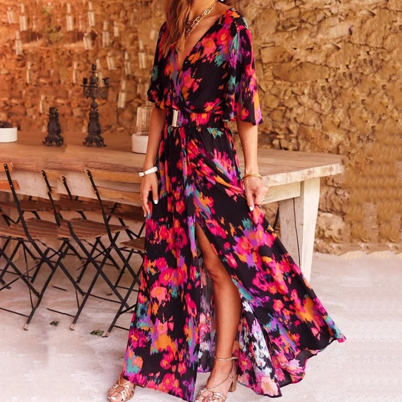 Samirae | Wikkel Maxi Jurk voor Dames – Elegante Lange Mouw Jurk tot op de Grond