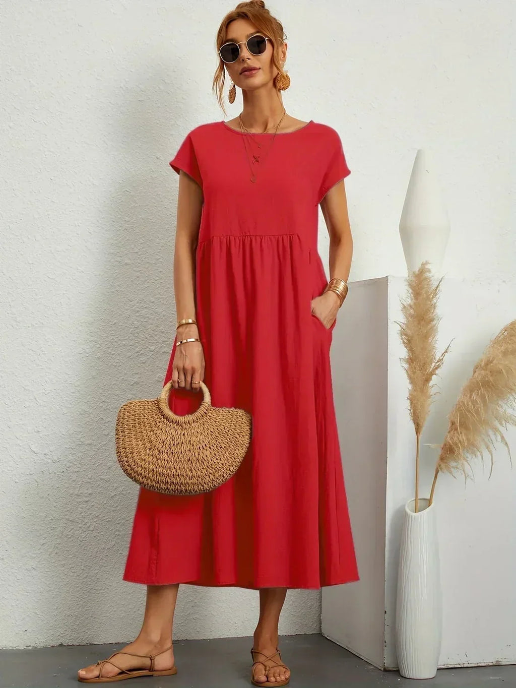 Quorina | Dames Zomer Midi Jurk – Losvallend, Comfortabel en Chic Casual Kledingstuk