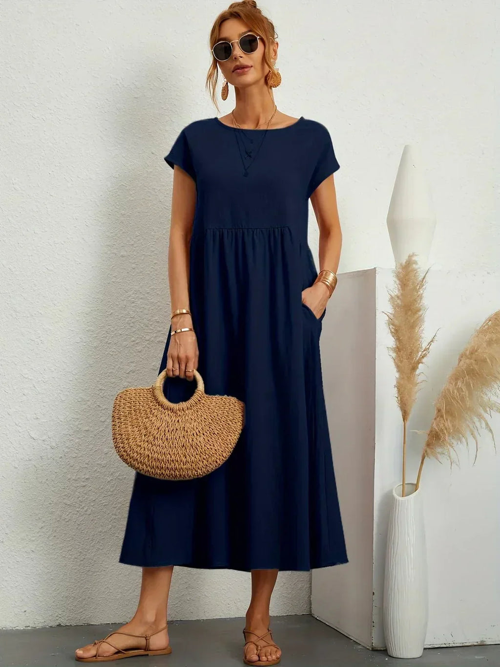 Quorina | Dames Zomer Midi Jurk – Losvallend, Comfortabel en Chic Casual Kledingstuk