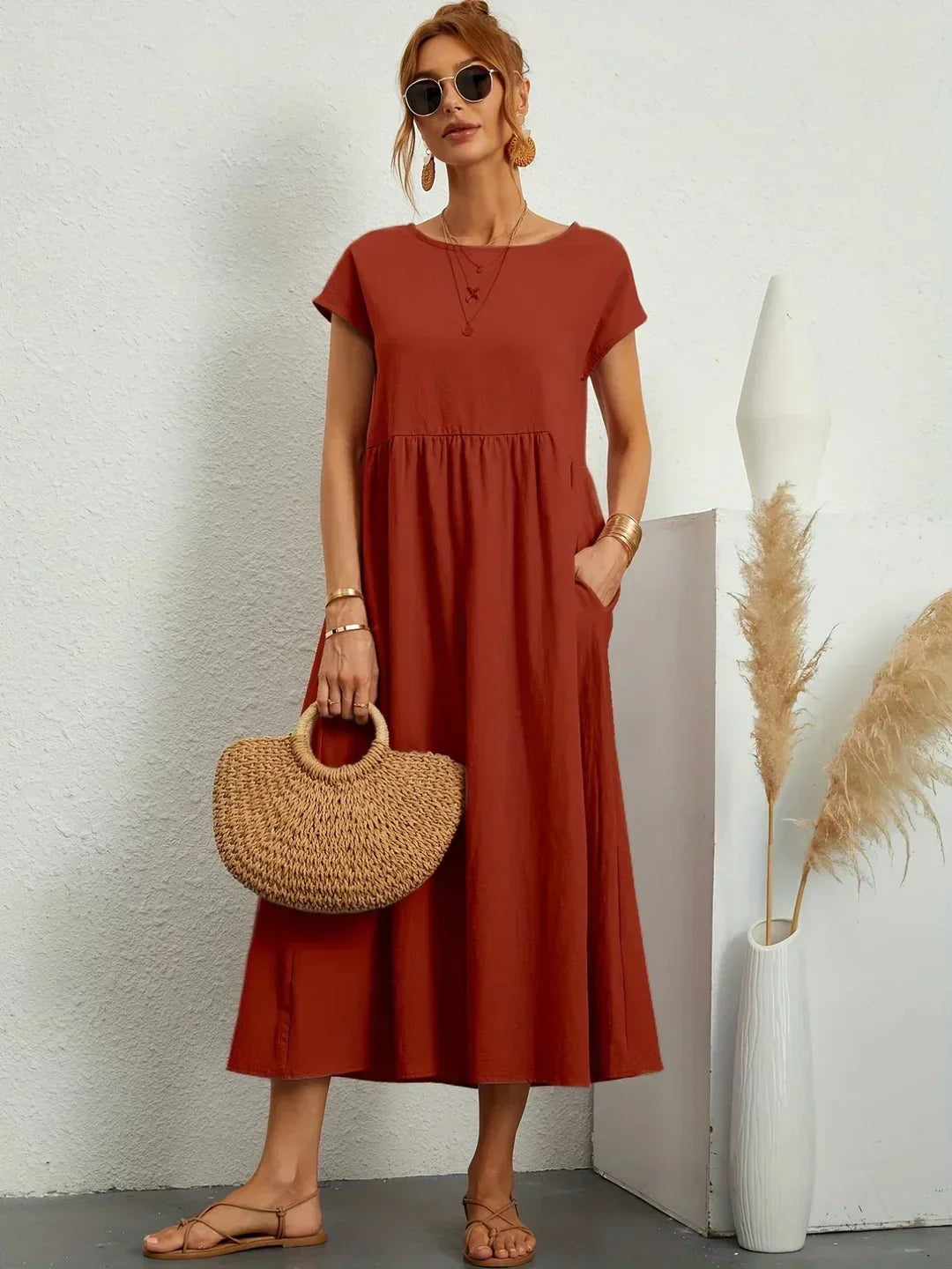 Quorina | Dames Zomer Midi Jurk – Losvallend, Comfortabel en Chic Casual Kledingstuk