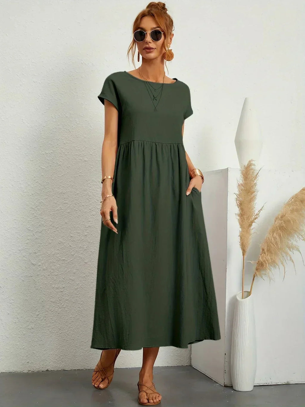 Quorina | Dames Zomer Midi Jurk – Losvallend, Comfortabel en Chic Casual Kledingstuk