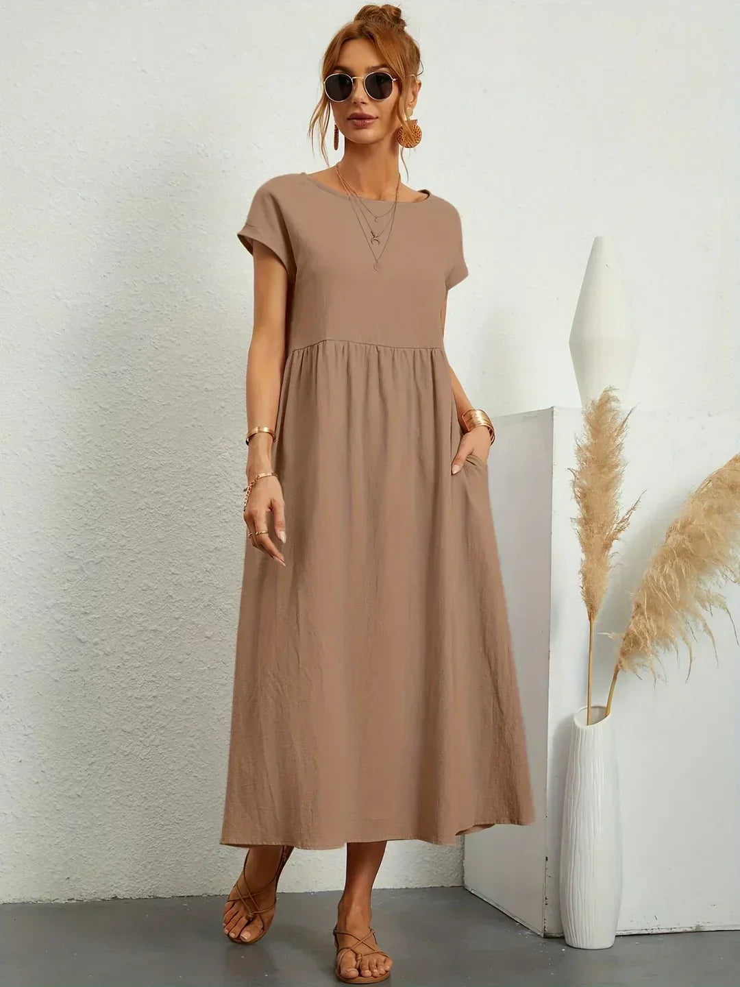 Quorina | Dames Zomer Midi Jurk – Losvallend, Comfortabel en Chic Casual Kledingstuk