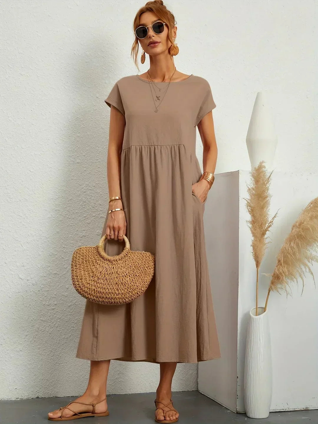 Quorina | Dames Zomer Midi Jurk – Losvallend, Comfortabel en Chic Casual Kledingstuk