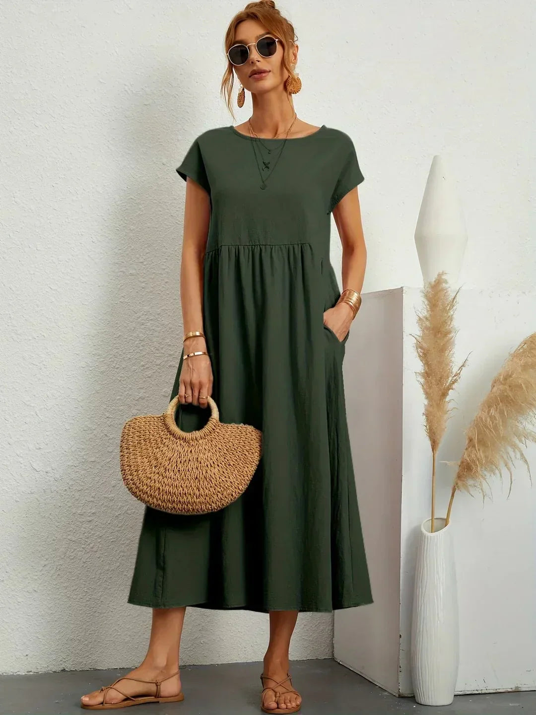 Quorina | Dames Zomer Midi Jurk – Losvallend, Comfortabel en Chic Casual Kledingstuk