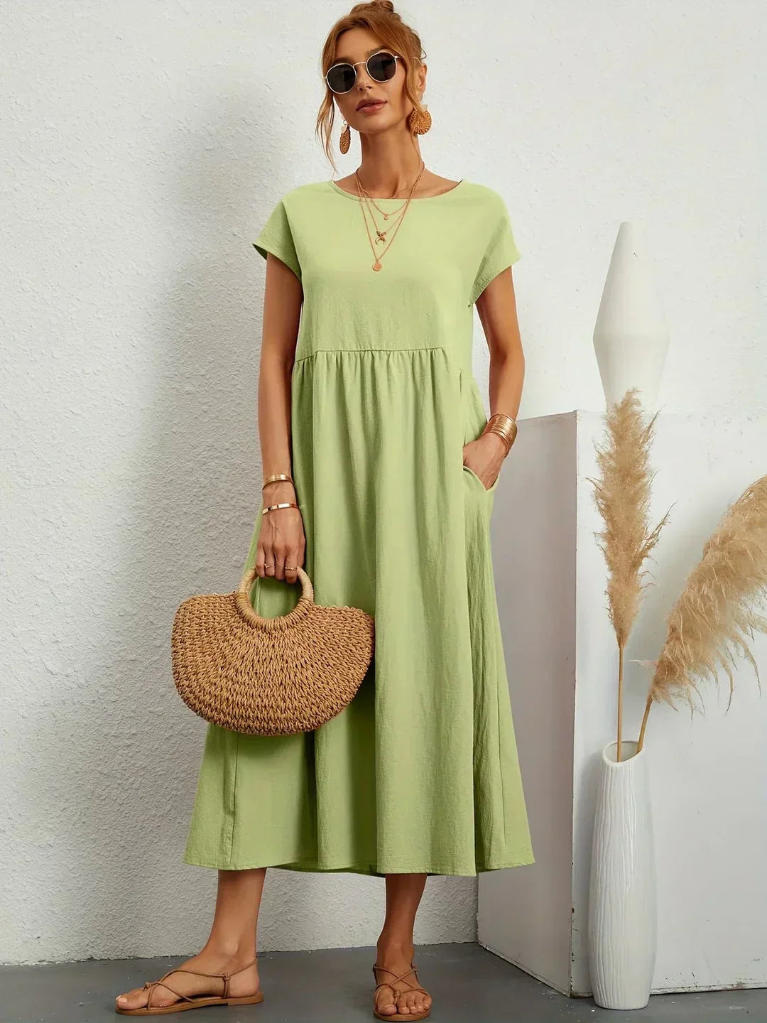 Quorina | Dames Zomer Midi Jurk – Losvallend, Comfortabel en Chic Casual Kledingstuk