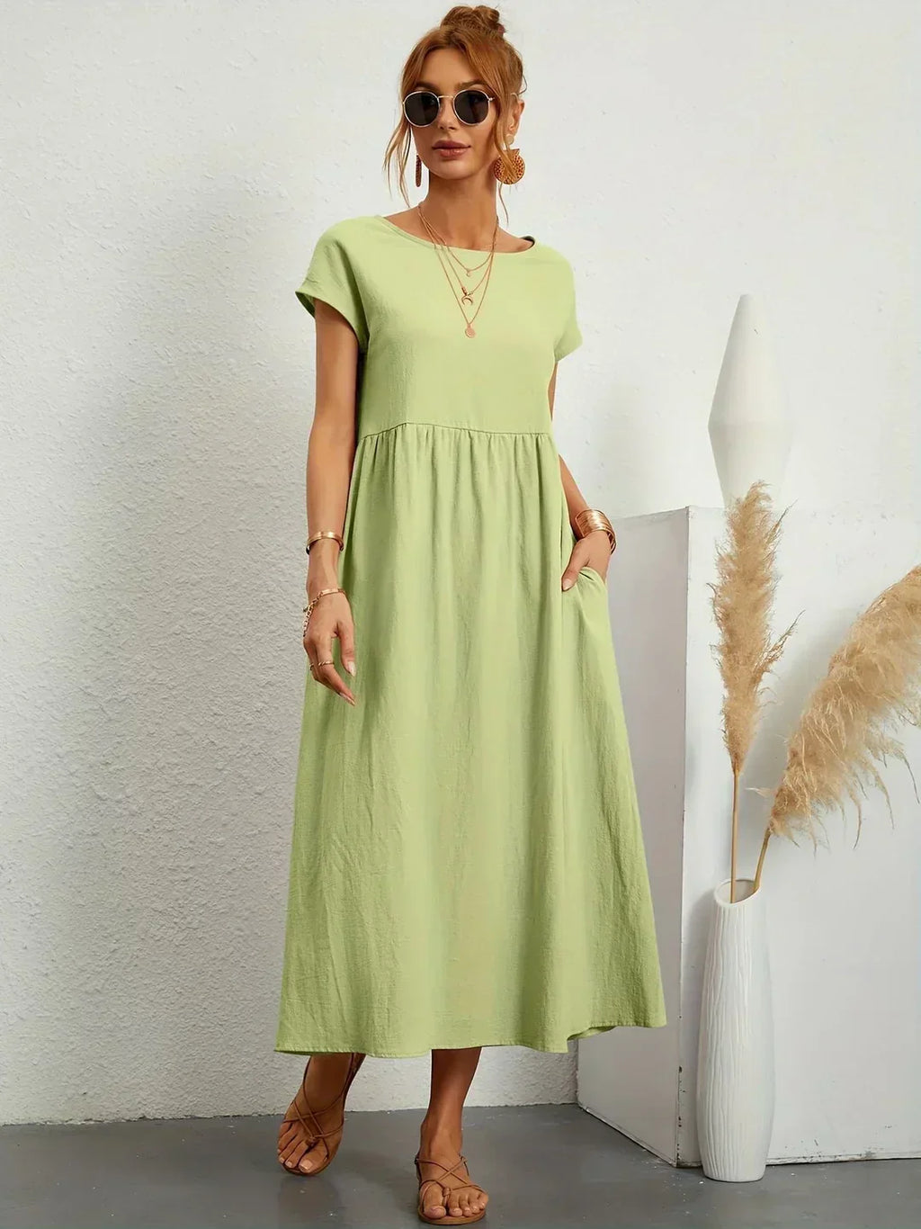 Quorina | Dames Zomer Midi Jurk – Losvallend, Comfortabel en Chic Casual Kledingstuk