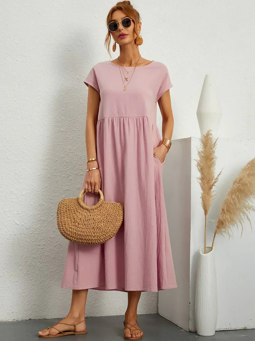 Quorina | Dames Zomer Midi Jurk – Losvallend, Comfortabel en Chic Casual Kledingstuk