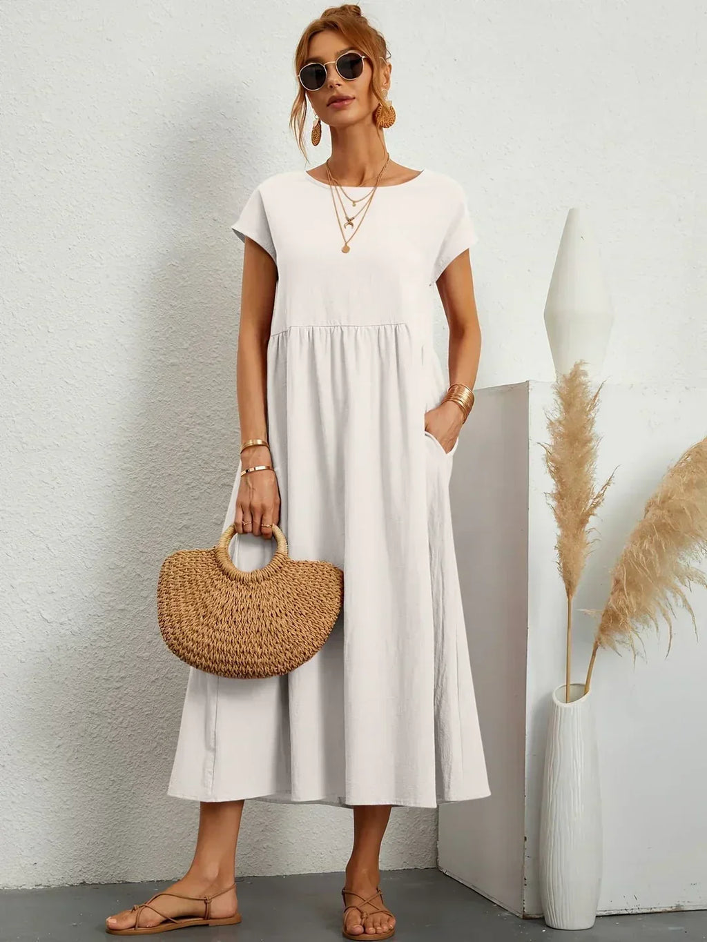 Quorina | Dames Zomer Midi Jurk – Losvallend, Comfortabel en Chic Casual Kledingstuk