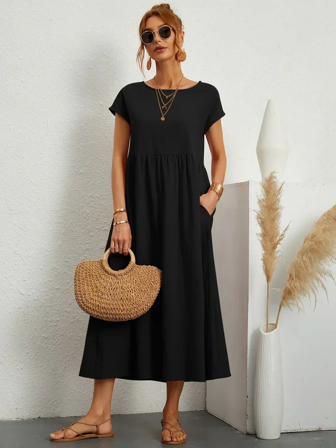 Quorina | Dames Zomer Midi Jurk – Losvallend, Comfortabel en Chic Casual Kledingstuk